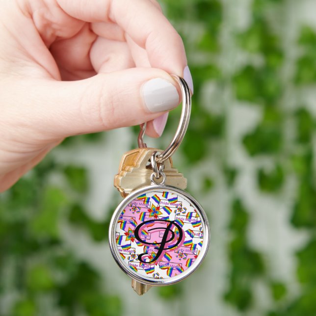 Regnbågsmandala Pride-monogram - Levande geometris Rund Silverfärgad Nyckelring (Hand)