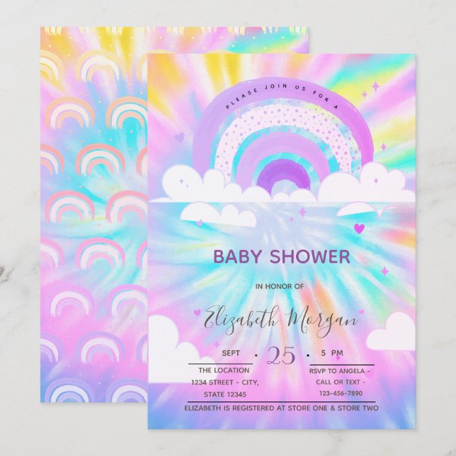 Regnbågsmoln Hjärtan Tie Dye Baby Shower Inbjudningar (Fram/baksida)