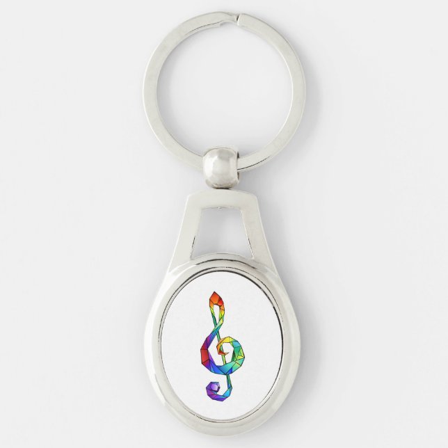 Regnbågsmusik nyckel treble clef ovalt silverfärgad nyckelring (Framsidan)