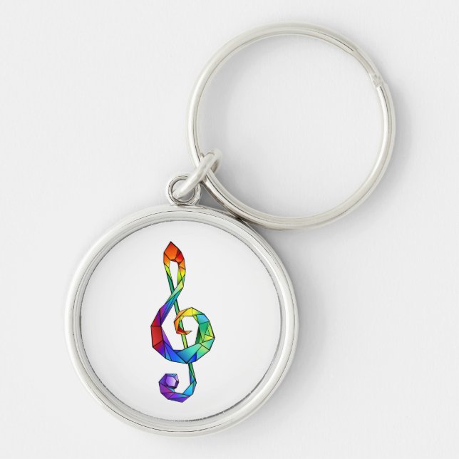Regnbågsmusik nyckel treble clef rund silverfärgad nyckelring (Framsidan)