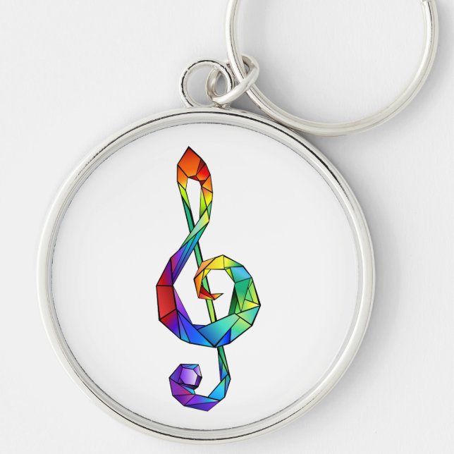 Regnbågsmusik nyckel treble clef rund silverfärgad nyckelring (Framsidan)