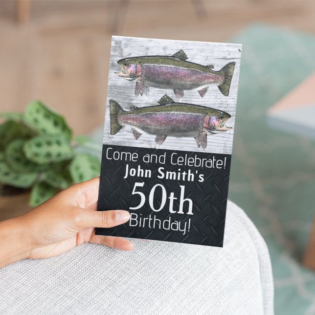 Regnbågsörnsfiske utanför födelsedagen inbjudningar (Rainbow trout fishing double-sided birthday invitation.)