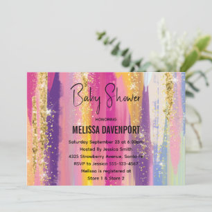 Regnbågsränder med falskt guld glitter baby shower inbjudningar