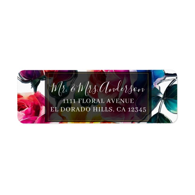 Regnbågsrosor Svart & Vitt Livligt Blommigt Bröllo Returadress Etikett (Framsidan)