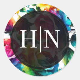 Regnbågsrosor Svart & Vitt Vibrant Blommig Bröllop Runt Klistermärke