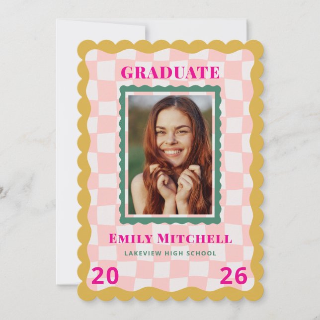 Regnbågsrutig examensbevis med foto inbjudningar (Framsida)