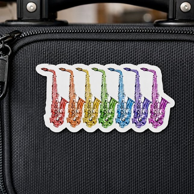 Regnbågssaxofon Färgglad Lineup Klistermärken (A sticker with saxophones in red, orange, yellow, green, blue, purple & pink.)