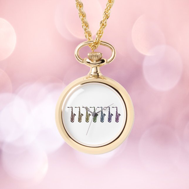 Regnbågssaxofoner Musik Färgglad för Musiker Armbandsur (A watch necklace with a rainbow design of tenor saxophones)