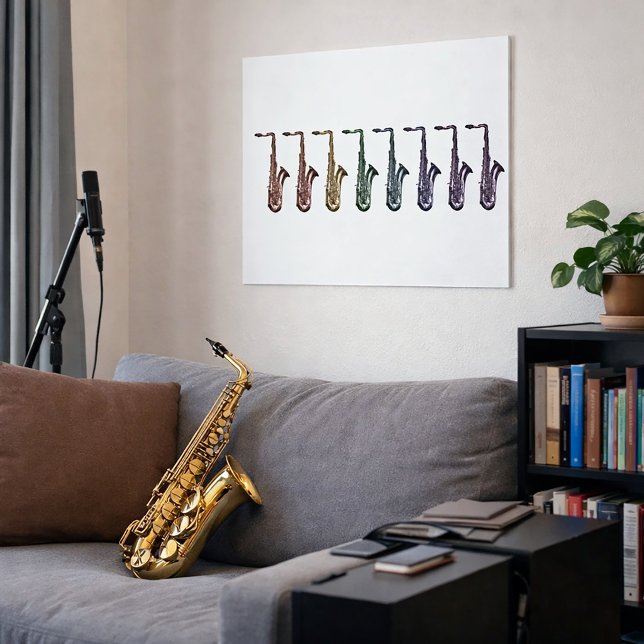 Regnbågssaxofonuppställning Musikälskare Konst  Poster (A poster with a lineup of rainbow saxophones.)