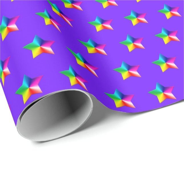regnbågsstjärnor på lilans omslagna pappra presentpapper (Rullad Hörn)