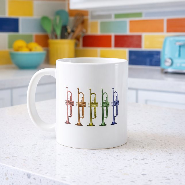 Regnbågstrumpetlinje Färgrikt mässingsinstrument Kaffemugg (A mug with a colorful rainbow trumpet lineup.)