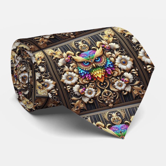 Regnbågsuggla Art Deco slips – Svart, Vit & Guld (Rullad)