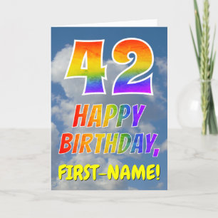Regnbågsutseende "42" & "HAPPY BIRTHDAY", Moln, Hi Kort