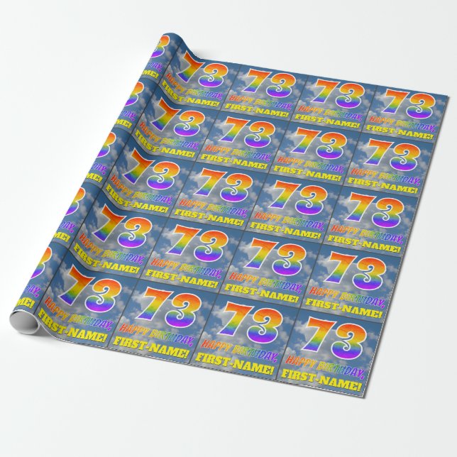 Regnbågsutseende "73" & "HAPPY BIRTHDAY", moln, hi Presentpapper (Utrullad)
