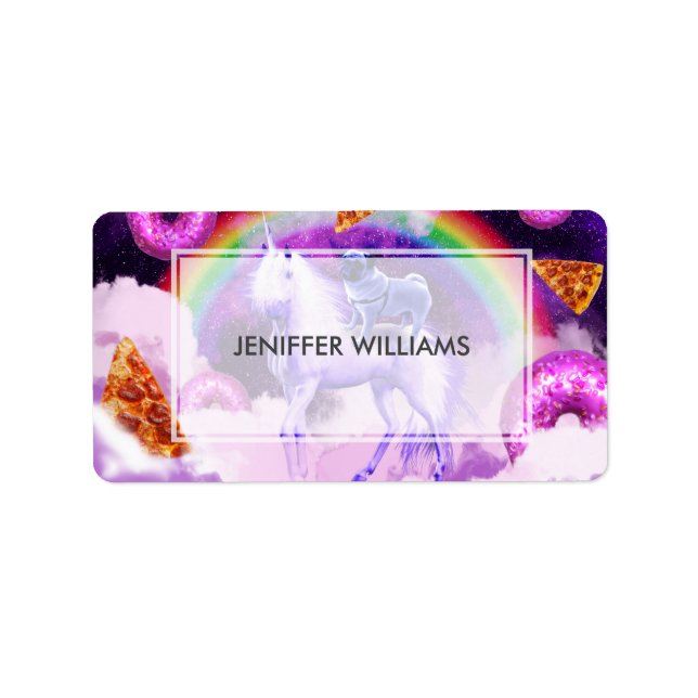 Regnbågsvamp i rymden som kör enhörning adressetikett (Framsidan)