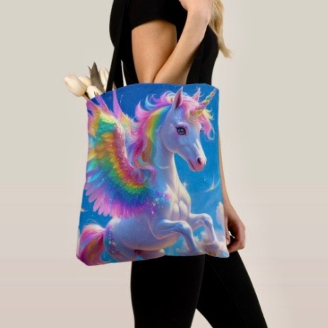 Regnbågsvingad dansande enhörning tygkasse (Tote Bag — 100% polyester, black laminated lining 100% cotton web hand. Made in the USA.
)