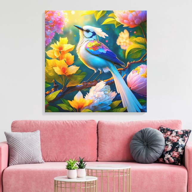 Regnbågsvingad Jay-fantasyfågel Canvastryck (Insitu (Vardagsrum))