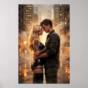 Regnbelyst stad omfamning i gyllene dis Poster