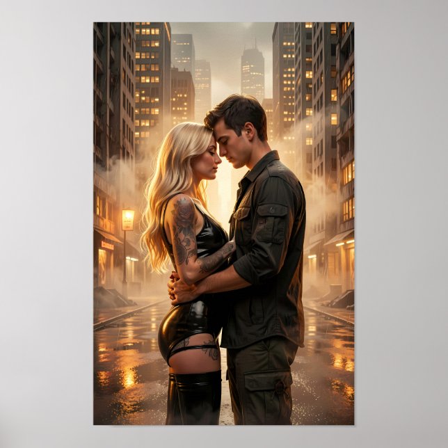 Regnbelyst stad omfamning i gyllene dis Poster (Framsidan)