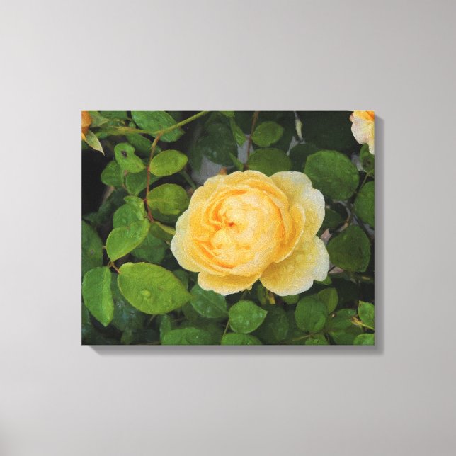 Regndroppar på Gul ros-utfällda kanvas (Framsida)