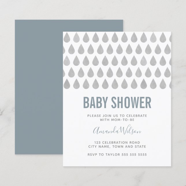 Regndroppe Dusty Blue Grått Watercolor Baby Shower (Fram/baksida)