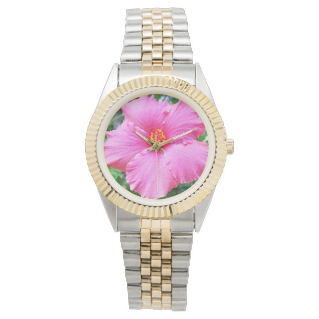 "Regndroppsblad: Rosa Hibiskus i mildt regn" Armbandsur (Framsida)