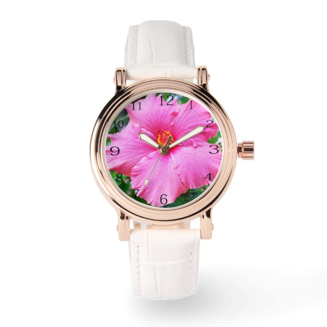 "Regndroppsblad: Rosa Hibiskus i Mildt Regn" Armbandsur (Framsida)