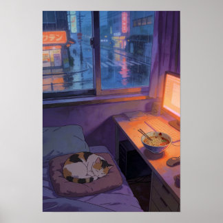 Regnfull Natt Ramen Mysig Anime Helgedom Poster