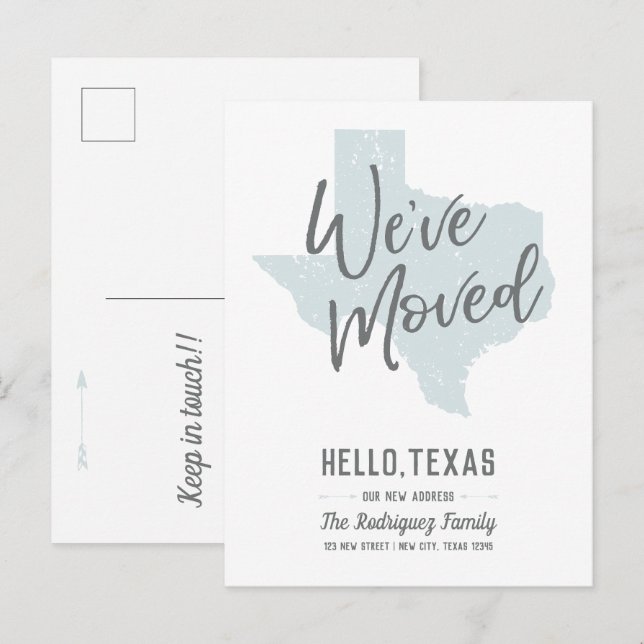 Regnig Dag Blå Vi Har Flyttat - Texas Meddelande Vykort (Fram/baksida)