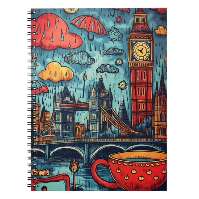 Regnig dag i London, Färgrik Doodle-illustration Anteckningsbok (Framsidan)