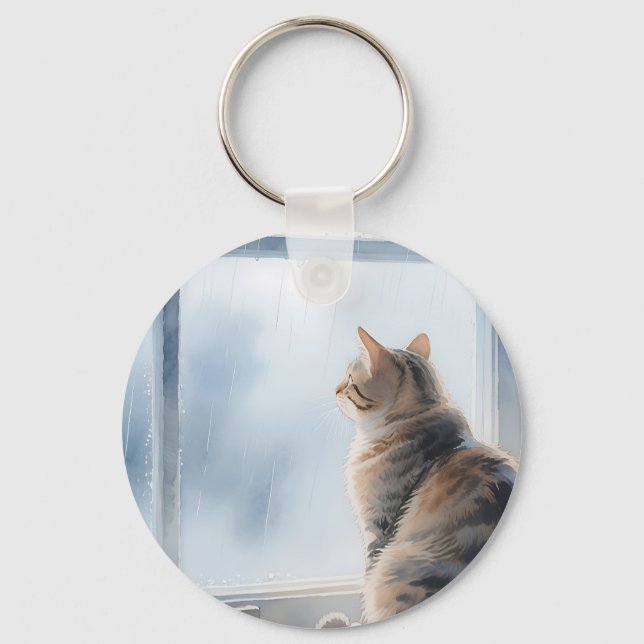 Regnig Fönster Akvarell Tabby Katt Nyckelring (Framsida)