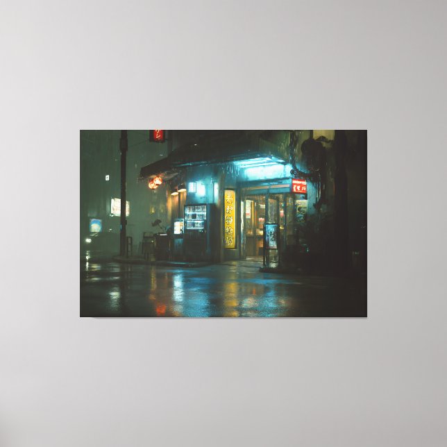 Regnig Neon Japansk Hörnaffär Canvastryck (Framsida)