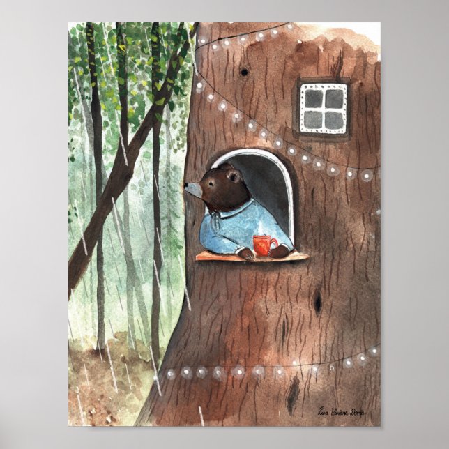 Regniga dagstidningen Bear Daydröm Tea Time Illust Poster (Framsidan)