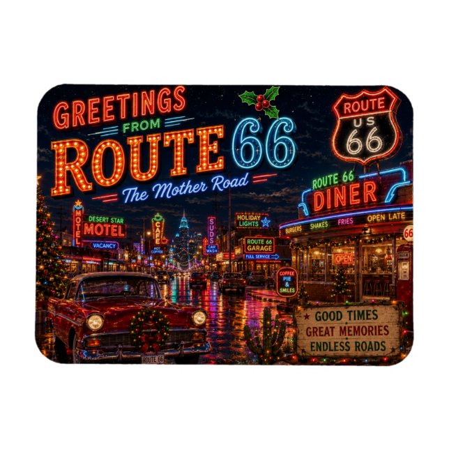 Regniga Neon Route 66 Julnätter Magnet (Horisontell)
