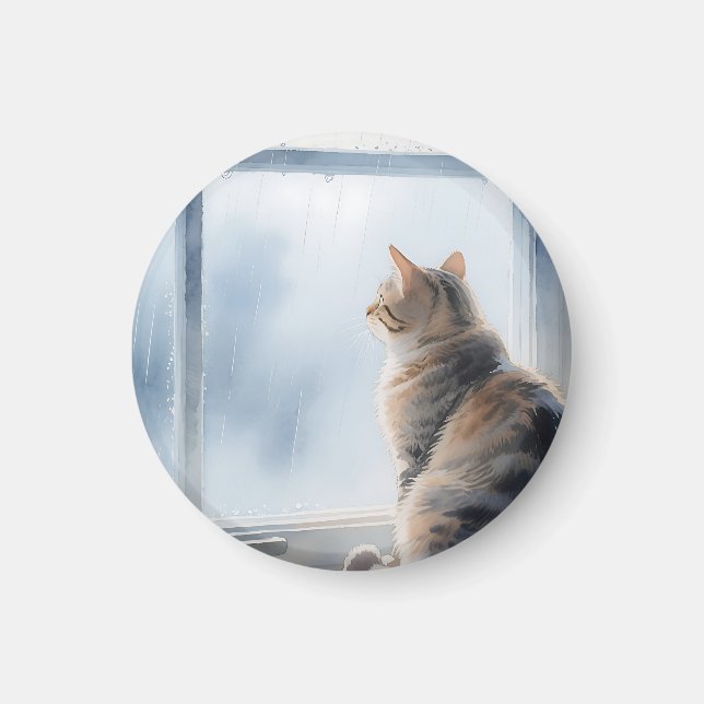 Regnigt Fönster Akvarell Tabby Katt Magnet (Framsidan)