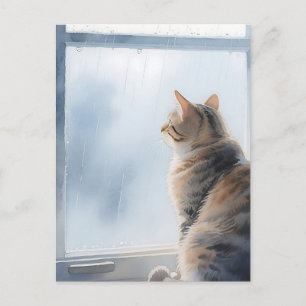 Regnigt Fönster Akvarell Tabby Katt Vykort