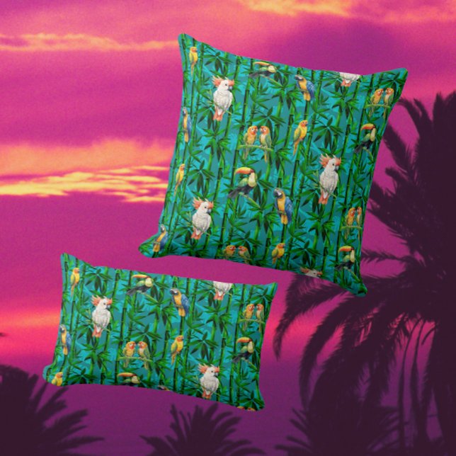 Regnskog Drömmar Tropisk Bambu Fåglar Kudde (Drift off into the rainforest with this dreamy bamboo and tropical bird design!)
