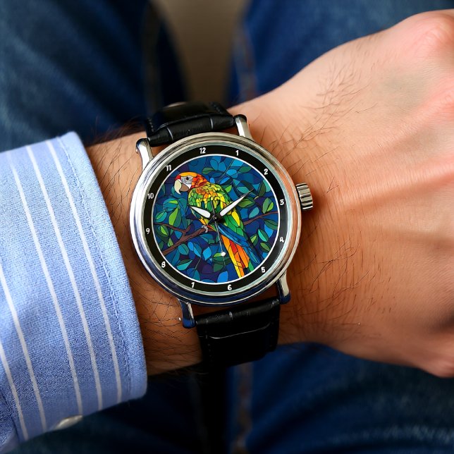 "Regnskogsglans" - Färgat Glas Papegoja Väggur  Armbandsur (Skapare uppladdad)