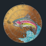Regntavla för regnbåge - Flygfiske Dart Board Darttavla<br><div class="desc">Regnbåge hoppade ut från vatten stänk. Trout hand plockade av ©Tina Hesskew of Fishing Hunting Life.</div>