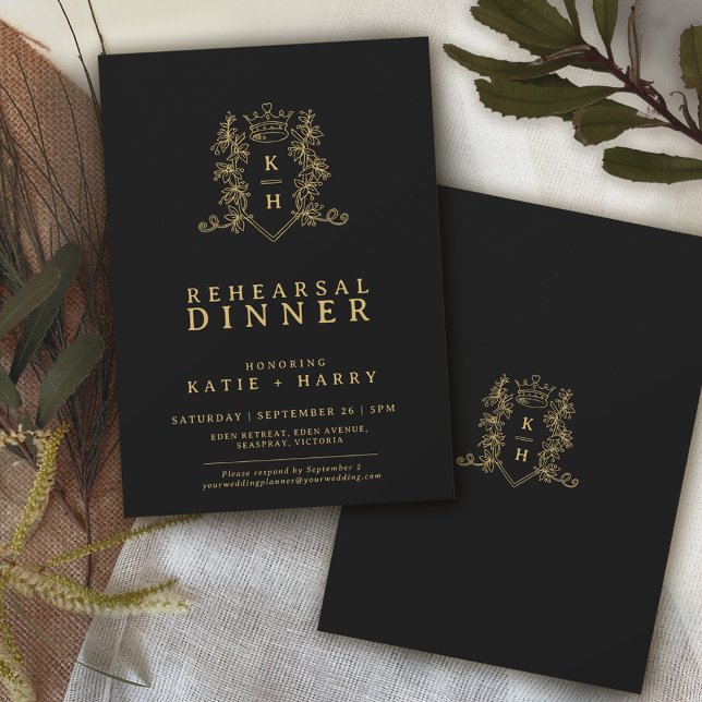 Rehearsal av krona monogram guld svarta bröllop inbjudningar (Skapare uppladdad)