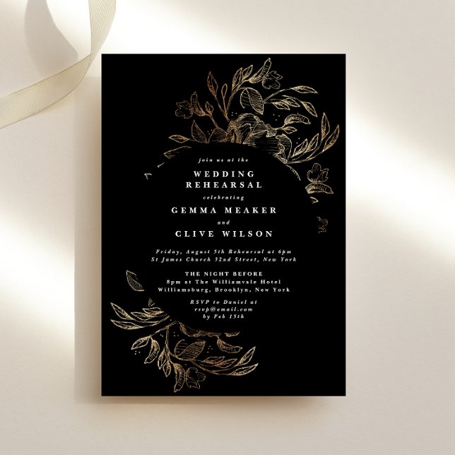 Rehearsal av LUXURY Black Guld Blommigt Bröllop Inbjudningar (Skapare uppladdad)
