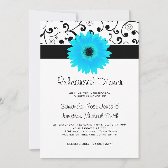 Rehearsal Dinner Blue Gerbera Daisy Black Rulla Inbjudningar (Framsida)