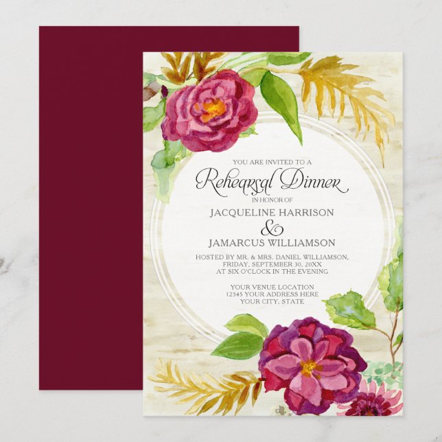 Rehearsal Dinner BOHO Burgundy Blommigt Fall Ro Inbjudningar (Fram/baksida)