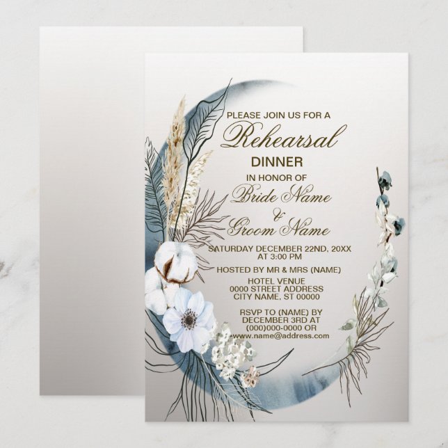Rehearsal Dinner Boho White Flower Blue Måne Party Inbjudningar (Fram/baksida)