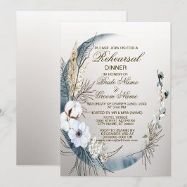 Rehearsal Dinner Boho White Flower Blue Måne Party Inbjudningar