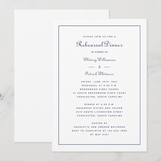 Rehearsal Dinner Bröllop Elegant Script Navy Blue Inbjudningar (Fram/baksida)