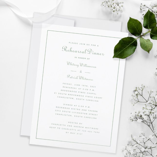 Rehearsal Dinner Bröllop Elegant Script Sage White Inbjudningar (Formal Rehearsal Dinner Wedding Elegant Script Sage White Invitation)