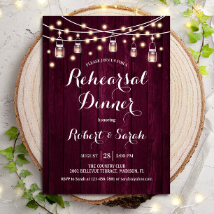 Rehearsal Dinner - Burgundy Rustic Wood Inbjudningar