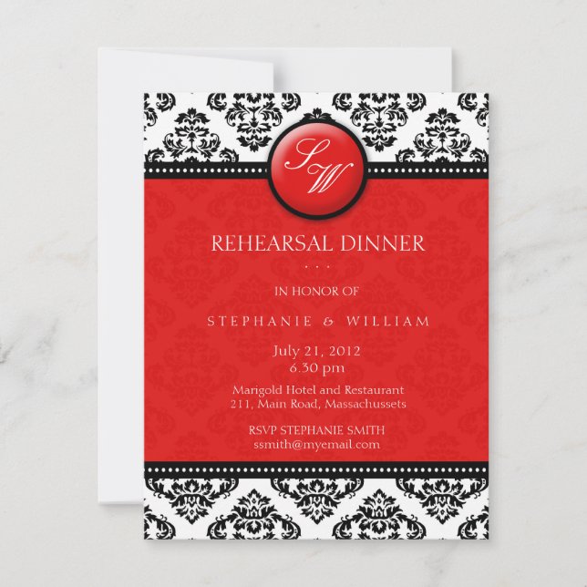 Rehearsal Dinner Card för Red Damask Monogram Inbjudningar (Framsida)