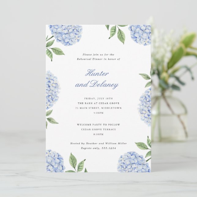 Rehearsal Dinner Classic Blue Hydrangea Flower Inbjudningar (Stående Fram)